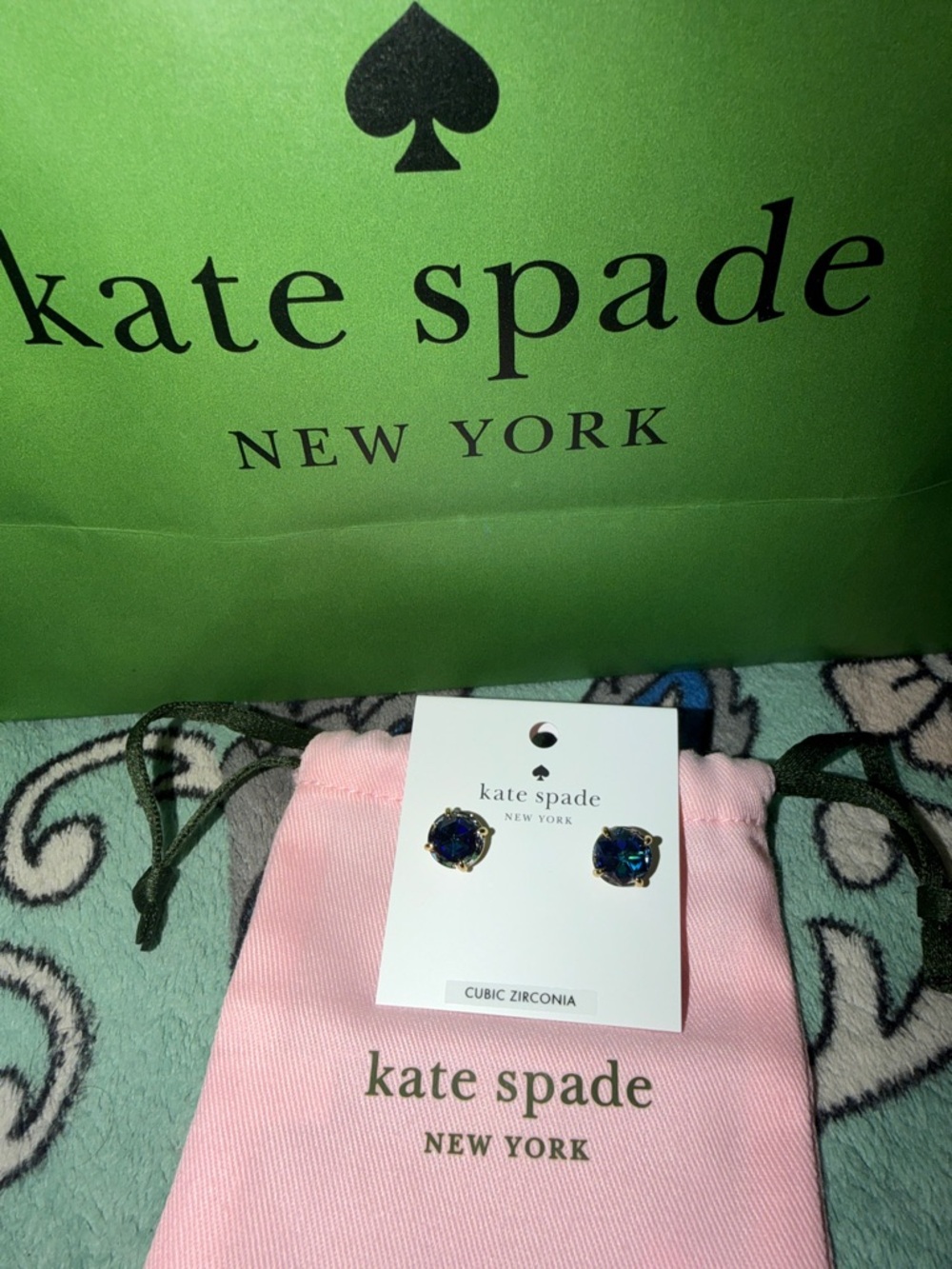 kate spade blue crystal stud earrings in gold-tone prongs - Picture 2 of 4